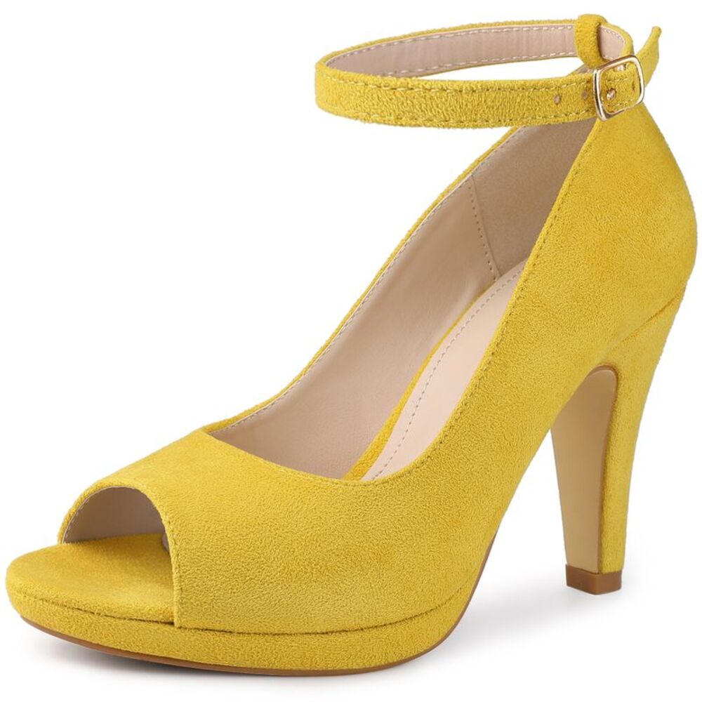 Platform Peep Toe Ankle Strap Stiletto Heel Pumps for Women, Yellow